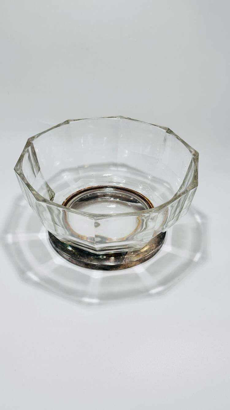 1960s MCM Italy Crystal Bowl Geometric Panels Silver Plate Base Foot